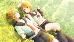 Rule 34 | 1boy, 1girl, belt, black legwear, black sailor collar, black shorts, black sleeves, blonde hair, blue eyes, bow, brother and sister, day, detached sleeves, eye contact, flower, hair between eyes, hair bow, hand on own stomach, highres, kagamine len, kagamine rin, leg warmers, looking at another, lying, midriff, navel, neckerchief, necktie, on back, orange neckwear, outdoors, ponta (poqpon), sailor collar, shirt, short hair, short shorts, short sleeves, shorts, siblings, sleeveless, sleeveless shirt, smile, stomach, sunlight, vocaloid, white bow, white shirt, yellow flower