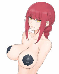 Rule 34 | 1girl, blush, braid, braided ponytail, breasts, chainsaw man, closed mouth, large breasts, long hair, looking at viewer, makima (chainsaw man), pasties, red hair, ringed eyes, simple background, solo, wata do chinkuru, white background, yellow eyes