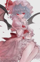Rule 34 | 1girl, bad id, bad twitter id, bat wings, biting, blood, blue hair, blurry, blurry background, chii (pp0), collared dress, depth of field, dress, dripping, feet out of frame, finger biting, frilled cuffs, frilled dress, frilled shirt collar, frilled sleeves, frills, hand up, hat, hat ribbon, highres, mob cap, pink dress, pink hat, red eyes, red neckwear, red ribbon, red sash, remilia scarlet, ribbon, sash, short hair, simple background, solo, touhou, wavy hair, wings, wrist cuffs
