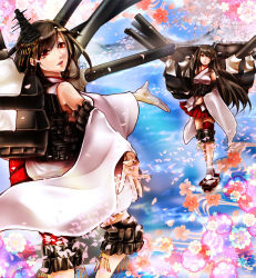 Rule 34 | 10s, 2girls, cherry blossoms, fusou (kancolle), hair ornament, kantai collection, looking at viewer, mountain, multiple girls, nontraditional miko, open mouth, petals, red eyes, smile, yamashiro (kancolle), yuri chikao