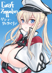 Rule 34 | 10s, 1girl, between breasts, blonde hair, blue eyes, blush, breastless clothes, breasts, breasts out, capelet, celtic knot, convenient censoring, cross, female focus, graf zeppelin (kancolle), hair between eyes, hat, highres, kantai collection, large breasts, long hair, looking at viewer, military, military hat, military uniform, necktie, necktie between breasts, peaked cap, shibi, sidelocks, solo, tsurime, twintails, uniform