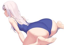Rule 34 | 1girl, ass, back, bare shoulders, barefoot, blue one-piece swimsuit, breasts, melusine (fate), fate/grand order, fate (series), forked eyebrows, highres, jilu, long hair, looking at viewer, looking back, one-piece swimsuit, sidelocks, sitting, small breasts, solo, swimsuit, thighs, wariza, white hair, yellow eyes