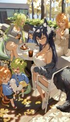 Rule 34 | 6+girls, :d, absurdres, animal, animal ear fluff, animal ears, autumn, black hair, bodiedwile, bread, bread slice, breasts, camisole, character request, child, claw hair clip, cleavage, closed mouth, copyright request, crossed legs, cup, dappled sunlight, disposable cup, dog, dongtan dress, dragon girl, dragon horns, dragon tail, dress, drink, food, ginkgo leaf, green eyes, green hair, hair between eyes, hair bun, high heels, highres, holding, holding animal, holding cup, holding dog, holding stick, horns, kindergarten uniform, large breasts, leaf, long hair, looking at another, looking at phone, meme attire, mother and daughter, multiple girls, open mouth, orange eyes, orange hair, outdoors, phone, pointy ears, raccoon ears, raccoon girl, raccoon tail, side slit, sitting, smile, spaghetti strap, standing, stick, sunlight, table, tail, toast, tree shade, very long hair, white dress, white footwear, wooden floor, yellow eyes