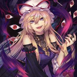 Rule 34 | 1girl, alternate costume, arm up, aura, bare shoulders, black sleeves, blonde hair, blush, comiket 99, commentary request, detached sleeves, eyelashes, eyeshadow, fangs, frilled sleeves, frills, gap (touhou), gold trim, hair between eyes, hat, hat ribbon, jewelry, lips, long hair, long sleeves, looking at viewer, makeup, mob cap, nail polish, open mouth, purple nails, re (re 09), red eyes, red eyeshadow, red ribbon, ribbon, ribbon-trimmed sleeves, ribbon trim, ring, sidelocks, solo, tabard, teeth, tongue, touhou, upper body, upper teeth only, very long hair, white hat, wide sleeves, yakumo yukari