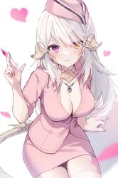 Rule 34 | 1girl, au ra, blush, breasts, cleavage, dragon girl, dragon horns, dragon tail, final fantasy, final fantasy xiv, hat, heterochromia, highres, holding, holding syringe, horns, jewelry, large breasts, long hair, looking at viewer, miniskirt, necklace, nurse, nurse cap, orange eyes, parted lips, pink skirt, purple eyes, short sleeves, sitting, skirt, smile, solo, suzumori (su2525), syringe, tail, thigh gap, thighhighs, very long hair, warrior of light (ff14), white hair, white thighhighs