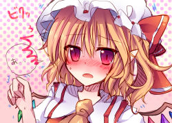 Rule 34 | 1girl, ascot, bad id, bad pixiv id, blonde hair, blush, embarrassed, fang, female focus, flandre scarlet, hat, hat ribbon, miyaoi, open mouth, pointy ears, portrait, red eyes, ribbon, short hair, side ponytail, sketch, solo, sweat, touhou, translated, upper body, wings