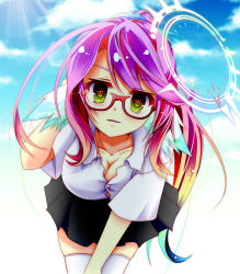 Rule 34 | 1girl, arm behind head, black skirt, blue sky, blush, breasts, cleavage, spiked halo, cross, day, glasses, gradient eyes, gradient hair, hair ornament, hair scrunchie, halo, highres, jibril (no game no life), large breasts, leaning forward, long hair, looking at viewer, magic circle, mimi0846, multicolored eyes, multicolored hair, no game no life, orange eyes, parted lips, pink hair, scrunchie, shirt, skirt, sky, solo, symbol-shaped pupils, thighhighs, very long hair, white shirt, white thighhighs, wing ears, yellow eyes, zettai ryouiki