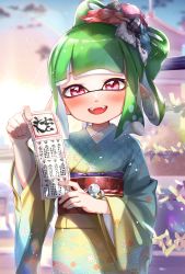 Rule 34 | 1girl, :d, blunt bangs, blurry, blurry background, blush, bow, checkered bow, checkered clothes, cowboy shot, day, fang, floral print, flower, green hair, green kimono, hair bow, hair flower, hair ornament, highres, holding, inkling, inkling girl, inkling player character, japanese clothes, kimono, long hair, long sleeves, mask, nintendo, obi, open mouth, outdoors, ponytail, print kimono, purple eyes, red flower, sash, sidelocks, smile, solo, teeth, tentacle hair, upper teeth only, wide sleeves, yamagishi chihiro