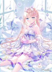 Rule 34 | 1girl, angel wings, bare shoulders, bed sheet, bow, breasts, commentary request, cup, detached sleeves, dress, feathered wings, feet out of frame, flower, flower on liquid, food, frilled sleeves, frills, hair bow, highres, holding, holding cup, knees together feet apart, long sleeves, mini wings, original, pillow, saucer, sleeveless, sleeveless dress, small breasts, solo, teapot, tray, wasabi (sekai), white bow, white dress, white flower, white sleeves, white wings, wide sleeves, window, wings