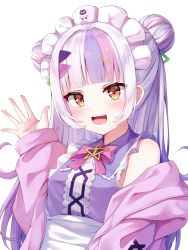 Rule 34 | 1girl, :d, blunt bangs, blush, bow, bowtie, commentary request, double bun, hair bun, hand up, highres, hololive, jacket, long hair, long sleeves, looking at viewer, maid headdress, multicolored hair, murasaki shion, murasaki shion (magical girl maid), off shoulder, open clothes, open jacket, open mouth, pink bow, pink bowtie, pink hair, pink jacket, purple hair, purple shirt, red eyes, shirt, shishou (doragyurosu), sidelocks, silver hair, simple background, smile, solo, streaked hair, teeth, upper body, upper teeth only, virtual youtuber, white background
