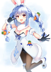 Rule 34 | 1girl, :d, absurdres, animal ear fluff, animal ears, black gloves, black leotard, blue hair, blush, bow, braid, breasts, brown pantyhose, carrot hair ornament, detached sleeves, don-chan (usada pekora), dress, food-themed hair ornament, fur-trimmed dress, fur-trimmed gloves, fur trim, gloves, hair between eyes, hair bow, hair intakes, hair ornament, hand up, highres, hololive, kaie, leotard, long hair, looking at viewer, multicolored hair, open mouth, pantyhose, puffy short sleeves, puffy sleeves, rabbit ears, red eyes, shoes, short eyebrows, short sleeves, small breasts, smile, solo, standing, standing on one leg, strapless, strapless dress, strapless leotard, teeth, thick eyebrows, twin braids, twintails, two-tone hair, upper teeth only, usada pekora, usada pekora (1st costume), v over eye, very long hair, virtual youtuber, white bow, white dress, white footwear, white hair, white sleeves, | |