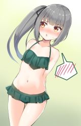 Rule 34 | 1girl, :o, arms behind back, bare shoulders, bikini, blush, breasts, collarbone, commentary request, frilled bikini, frills, gluteal fold, green bikini, grey hair, hair between eyes, kantai collection, kasumi (kancolle), long hair, looking away, minamura haruki, navel, open mouth, simple background, small breasts, solo, spoken blush, standing, sweat, sweatdrop, swimsuit, yellow eyes