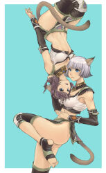 Rule 34 | 2girls, absurdres, animal ears, ass, adventurer (ff11), black sleeves, black socks, blue eyes, breasts, brown tail, cactus41747280, cat ears, cat girl, cat tail, cleavage, closed mouth, detached sleeves, eyelashes, facial mark, final fantasy, final fantasy xi, grey hair, grey hairband, hairband, highres, leg up, loincloth, long sleeves, medium breasts, medium hair, midriff, mithra (ff11), multiple girls, navel, open mouth, purple hair, short hair, smile, socks, tail, toeless legwear, upside-down, whisker markings