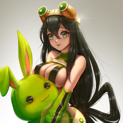Rule 34 | 1girl, :p, asui tsuyu, bare shoulders, black hair, blondynkitezgraja, boku no hero academia, bow-shaped hair, breasts, cleavage, commentary request, covered erect nipples, detached sleeves, green eyes, grey background, hair between eyes, highres, instagram username, large breasts, long hair, looking at viewer, hugging object, signature, solo, stuffed animal, stuffed toy, tongue, tongue out, upper body, very long hair, watermark, web address, youtube username