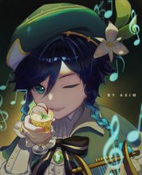 Rule 34 | 1boy, alcohol, androgynous, apple, apple slice, artist name, aximxi, beret, black hair, blue hair, blurry, blurry foreground, bow, braid, brooch, cape, collared cape, collared shirt, cup, flower, food, frilled sleeves, frills, fruit, gem, genshin impact, glass, gradient background, gradient hair, green eyes, green hat, hat, hat flower, highres, holding, holding cup, ice, instrument, jewelry, leaf, long sleeves, looking at viewer, lyre, male focus, multicolored hair, musical note, one eye closed, open mouth, shirt, short hair with long locks, simple background, smile, solo, twin braids, venti (genshin impact), white flower, white shirt
