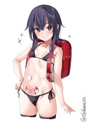 Rule 34 | 1girl, akatsuki (kancolle), backpack, bag, bare shoulders, bikini, black thighhighs, blush, breasts, collarbone, commentary request, cropped legs, ebifurya, hair between eyes, hand on own hip, highres, kantai collection, long hair, looking at viewer, navel, one-hour drawing challenge, pubic tattoo, purple eyes, purple hair, randoseru, school bag, side-tie bikini bottom, simple background, small breasts, solo, stomach, swimsuit, tattoo, thighhighs, thighs, twitter username, white background