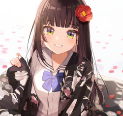 Rule 34 | 1girl, black hair, blunt bangs, blush, bow, bowtie, breasts, brown hair, character request, collarbone, commentary, commentary request, copyright request, flower, green eyes, grin, hair flower, hair ornament, highres, japanese clothes, kimono, long hair, long sleeves, looking at viewer, off shoulder, open clothes, open mouth, petals, red flower, sailor collar, shigure ui, shirt, simple background, sleeves past wrists, smile, solo, symbol-only commentary, white sailor collar, white shirt