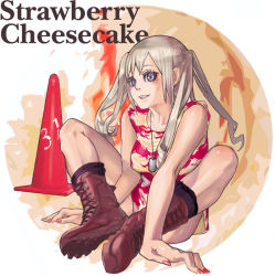 Rule 34 | 1girl, blue eyes, boots, bottomless, camouflage, dog tags, english text, food, ice cream, long hair, military, nail polish, original, personification, silver hair, sitting, solo, temoshi, traffic cone, twintails