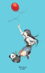 Rule 34 | 1girl, absurdres, balloon, bamboo, bang dream!, bang dream! it&#039;s mygo!!!!!, black hair, black shirt, blue background, blue skirt, breasts, commentary request, drumsticks, english text, highres, holding, holding drumsticks, huang gua, jacket, long hair, medium breasts, mole, mole under eye, open clothes, open jacket, open mouth, panda, purple eyes, shiina taki, shirt, side ponytail, simple background, skirt, solo, white jacket