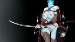Rule 34 | armor, ball gag, blood, bloody tears, breasts, disembodied head, dullahan, gag, highres, hitodama, katana, large breasts, nipples, pale skin, pussy, red eyes, sword, tattoo, thighhighs, undead, weapon, yakou (4507770)