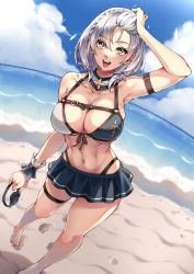 Rule 34 | 1girl, :d, abs, arm belt, arm up, armpits, bare shoulders, barefoot, beach, bikini, bikini skirt, blue bikini, blue collar, blue skirt, blue sky, blush, braid, breasts, chest belt, cleavage, cloud, collar, collarbone, commentary, contrapposto, day, footprints, french braid, front-tie bikini top, front-tie top, goggles, green eyes, groin, hair between eyes, hair pulled back, highleg, highleg bikini, highres, holding, holding goggles, hololive, large breasts, lens flare, looking at viewer, mibry (phrysm), mole, mole on breast, navel, ocean, open mouth, outdoors, pleated skirt, shadow, shirogane noel, shirogane noel (summer 2020), short hair, sidelocks, silver hair, skindentation, skirt, sky, smile, solo, standing, stomach, swimsuit, teeth, thigh strap, thighs, two-tone bikini, underboob, upper teeth only, virtual youtuber, wet, white bikini, wrist cuffs