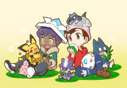 Rule 34 | 2boys, :d, beanie, black shirt, blush, bright pupils, brown eyes, brown footwear, brown hair, cable knit, cleffa, commentary request, creatures (company), dark-skinned male, dark skin, denim, eating, egg, fur-trimmed jacket, fur trim, game freak, gen 2 pokemon, gen 4 pokemon, gen 8 pokemon, grass, grey headwear, hat, hatching, hop (pokemon), jacket, jeans, male focus, multiple boys, munchlax, nagi (exsit00), nintendo, on head, open clothes, open jacket, open mouth, pants, paper hat, pichu, plaid, pokemon, pokemon (creature), pokemon on head, pokemon swsh, purple hair, red shirt, riolu, shirt, shoes, short hair, sitting, smile, spread legs, tongue, torn clothes, torn jeans, torn pants, toxel, victor (pokemon), white pupils, yellow eyes
