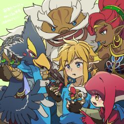 Rule 34 | 2girls, 3boys, amiibo, beak, beard, bird boy, blonde hair, blue eyes, blue fur, blue hair, blue lips, blue scarf, blue shirt, blush, body fur, braid, breasts, brown gloves, chain, circlet, collarbone, colored skin, dark-skinned female, dark skin, daruk, earrings, facial hair, facial mark, fingerless gloves, fins, fish girl, forehead mark, furry, furry female, furry male, gerudo, gloves, goron, green background, green eyes, green shirt, grey hair, hair tie, hand on another&#039;s arm, hand up, hands up, happy, head fins, holding, index finger raised, japanese text, jewelry, layered sleeves, light blush, link, long hair, long sleeves, mipha, multicolored skin, multiple boys, multiple girls, mustache, neck ring, open mouth, pointing, pointy ears, profile, quad tails, red hair, red skin, revali, rito, scarf, shirt, short hair, short over long sleeves, short sleeves, shoulder pads, sidelocks, sideways mouth, simple background, sleeveless, sleeveless shirt, small breasts, smile, sparkle, standing, teeth, the legend of zelda, the legend of zelda: breath of the wild, translation request, two-tone fur, two-tone skin, ukata, undershirt, upper body, urbosa, white fur, white skin, winged arms, wings, yellow eyes, zora