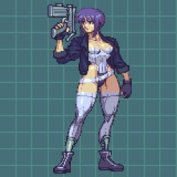 Rule 34 | 1girl, belt, black footwear, black gloves, black jacket, breasts, clenched hand, closed mouth, collarbone, covered navel, cyborg, fingerless gloves, ghost in the shell, gloves, grid, grid background, gun, holding, holding gun, holding weapon, jacket, kusanagi motoko, leotard, muscular, muscular female, omegachaino, open clothes, open jacket, pixel art, purple eyes, purple hair, revealing clothes, short hair, sleeves rolled up, solo, standing, thighhighs, weapon, white thighhighs