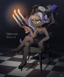 Rule 34 | 1girl, absurdres, anko2552, artist name, black dress, black footwear, candle, candlestand, cephalopod eyes, chair, character name, checkered floor, closed mouth, commentary, dark-skinned female, dark skin, dress, english text, green eyes, halloween, high heels, highres, holding, light smile, long hair, looking at viewer, makeup, marina (splatoon), mole, mole under mouth, nintendo, octoling, pink pupils, shadow, short dress, signature, sitting, solo, strapless, strapless dress, suction cups, tentacle hair