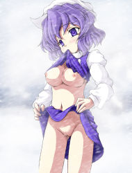 Rule 34 | 1girl, grabbing another&#039;s breast, breasts, clothes lift, female focus, grabbing, gradient background, letty whiterock, mikagura osamu, mouth hold, nipples, no bra, no panties, outdoors, purple eyes, purple hair, pussy, shirt lift, skirt, skirt lift, sky, snow, solo, touhou, uncensored, white background