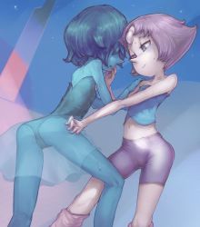 Rule 34 | 2girls, ass, bike shorts, blue hair, blue pearl, blue pearl (steven universe), blue skin, brown hair, cameltoe, cartoon network, colored skin, conoghi, flat chest, forehead jewel, hair over eyes, hand on another&#039;s face, leg warmers, long nose, midriff, multiple girls, navel, pale skin, pearl (steven universe), pointy nose, see-through, shorts, skinny, skirt, smile, steven universe, stomach, strapless, sweat, tube top, yuri