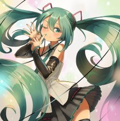 Rule 34 | 159cm, 1girl, black skirt, black thighhighs, blush, collared shirt, cowboy shot, detached sleeves, finger to mouth, fingernails, floating hair, green hair, green nails, green necktie, grey shirt, hair between eyes, hand up, hatsune miku, hatsune miku (vocaloid4), highres, long hair, looking at viewer, miniskirt, nail polish, necktie, one eye closed, pleated skirt, shirt, shushing, skirt, smile, solo, thighhighs, twintails, very long hair, vocaloid, wind, wind lift, wing collar