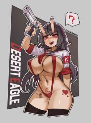 Rule 34 | 1girl, ?, absurdres, armband, black hair, black thighhighs, body writing, breasts, chance8000, cropped legs, desert eagle, fangs, gun, handgun, heart, heart tattoo, highres, holding, holding gun, holding weapon, horns, huge breasts, leg tattoo, long hair, navel, necktie, one-piece swimsuit, oni, open mouth, original, pubic tattoo, red armband, red eyes, red necktie, red one-piece swimsuit, school uniform, serafuku, short sleeves, skin-covered horns, slingshot swimsuit, solo, speech bubble, spoken question mark, swimsuit, tally, tattoo, thighhighs, very long hair, weapon, zettai ryouiki