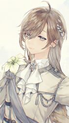 Rule 34 | 1boy, ahoge, aiguillette, ascot, blue eyes, braid, brooch, brown hair, closed mouth, collared shirt, corsage, ear chain, earclip, earrings, flower, gold trim, haccaamet, hair between eyes, hair ornament, highres, jacket, jewelry, kanae (16th costume) (nijisanji), kanae (nijisanji), lapels, leaf hair ornament, lily (flower), long hair, long sleeves, looking at viewer, low-braided long hair, low-tied long hair, male focus, mole, mole under eye, nijisanji, official alternate costume, sash, shirt, shoulder sash, sideways glance, simple background, single braid, smile, solo, stud earrings, upper body, virtual youtuber, white ascot, white background, white flower, white jacket, white lily, white shirt