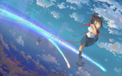 Rule 34 | 10s, 1boy, 1girl, alphonse (white datura), black hair, blue skirt, bow, bowtie, brown eyes, cloud, cloudy sky, collared shirt, commentary request, hands in pockets, highres, kimi no na wa., loafers, miyamizu mitsuha, pleated skirt, ponytail, red bow, red bowtie, reflection, revision, school uniform, shirt, shoes, short sleeves, skirt, sky, socks, standing, string, string of fate, tachibana taki, white shirt