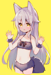 Rule 34 | 1girl, animal ears, bare shoulders, black bow, blush, bow, claw pose, collarbone, cropped legs, fur bikini, grey hair, hair between eyes, hair flaps, halterneck, hands up, highres, long hair, looking at viewer, meito (maze), nail polish, open mouth, original, simple background, solo, tail, v-shaped eyebrows, very long hair, wolf ears, wolf girl, wolf tail, yellow background, yellow eyes, yellow nails