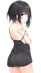 Rule 34 | 1girl, bad id, bad pixiv id, black dress, black hair, blue eyes, blunt bangs, commentary, cowboy shot, dress, from behind, highres, looking at viewer, looking back, original, otokuyou, short dress, short hair, shoulder tattoo, simple background, solo, strap slip, tattoo, white background