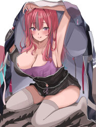 Rule 34 | 1girl, absurdres, areola slip, arm over head, armpits, azur lane, black jacket, black shorts, blush, breasts, bremerton (azur lane), bremerton (relaxation consultation) (azur lane), brown hair, cleavage, closed mouth, collarbone, fingernails, grey nails, hair between eyes, hair down, highres, jacket, jacket over head, large breasts, long hair, looking at viewer, mole, mole on breast, mole under eye, multicolored hair, nail polish, official alternate costume, official alternate hairstyle, pink eyes, pink nails, purple tank top, red hair, rug, shirotsupu, shorts, simple background, sitting, smile, solo, strap slip, streaked hair, tank top, thighhighs, tongue, tongue out, two-tone hair, wariza, white background, white nails, white thighhighs