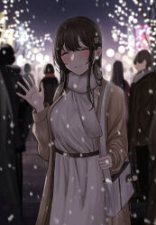Rule 34 | 1girl, bag, bag charm, blurry, blush, breasts, brown coat, brown hair, charm (object), chinese commentary, closed eyes, coat, commentary request, depth of field, dress, girls&#039; frontline, hair between eyes, hand up, handbag, highres, holding, holding bag, large breasts, long hair, long sleeves, m4a1 (girls&#039; frontline), multicolored hair, open clothes, outdoors, scarf, selcky, smile, snowing, solo focus, streaked hair, waving, white bag, white dress, white scarf