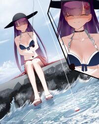 Rule 34 | 1girl, absurdres, anger vein, bikini, blue bikini, blue sky, breasts, brown choker, choker, cleavage, closed mouth, cloud, cloudy sky, cyrilashnmsh, day, false smile, fate/grand order, fate (series), fishing, fishing bobber, fishing rod, hat, highres, holding, holding fishing rod, long hair, martha (fate), martha (swimsuit ruler) (fate), medium breasts, ocean, outdoors, purple hair, red skirt, sandals, shaded face, sitting, skirt, sky, smile, sun hat, swimsuit