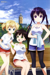 Rule 34 | 3girls, :d, absurdres, bare arms, bench, blonde hair, blue eyes, blue shorts, blue sky, blunt bangs, brown hair, building, closed mouth, cloud, collarbone, day, dog tags, feet out of frame, gochuumon wa usagi desu ka?, grass, green eyes, gym uniform, hand on another&#039;s shoulder, hand on own hip, highres, holding, holding towel, katou hiromasa, kirima syaro, leggings, long hair, looking at another, looking at viewer, megami magazine, multiple girls, official art, open mouth, outdoors, park bench, purple eyes, purple hair, red shorts, shirt, short hair, short shorts, shorts, sitting, sky, smile, standing, tank top, tedeza rize, towel, tree, twintails, ujimatsu chiya, white shirt, window