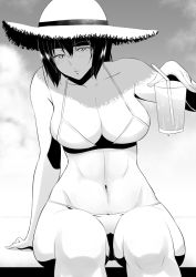 Rule 34 | 10s, 1girl, bare shoulders, bifidus, bikini, black hair, breasts, cleavage, drinking straw, female focus, glass, greyscale, hat, hyuuga (kancolle), kantai collection, large breasts, long hair, looking at viewer, monochrome, navel, parted lips, short hair, sitting, solo, straw hat, swimsuit, thighs