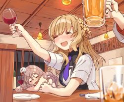 Rule 34 | 3girls, alcohol, beer, beer mug, blue necktie, blush, braid, closed eyes, cup, drinking glass, drunk, grey hair, holding, holding cup, kantai collection, light brown hair, long hair, mitsuyo (mituyo324), mug, multiple girls, necktie, nude, open mouth, plate, pola (kancolle), ranger (kancolle), short sleeves, sleeping, smile, wine, wine glass