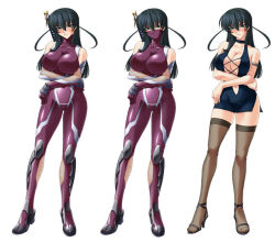 Rule 34 | 00s, 1girl, alternate costume, armlet, bare shoulders, black hair, blush, bodysuit, breasts, brown thighhighs, character sheet, cleavage, collarbone, covered erect nipples, elbow gloves, female focus, fishnets, full body, gloves, green eyes, hair between eyes, halterneck, hand on own hip, high heels, hip focus, igawa asagi, jewelry, kagami hirotaka, large breasts, legs, lilith-soft, long hair, looking at viewer, navel, no bra, shiny clothes, shoes, simple background, skin tight, standing, sword, taimanin (series), taimanin asagi, taimanin asagi 2 inbo no tokyo kingdom, thighhighs, thighs, weapon, white background