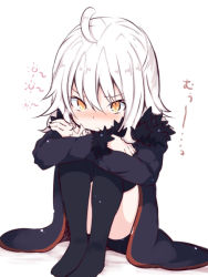 Rule 34 | 1girl, ahoge, beni shake, black jacket, black thighhighs, blush, closed mouth, commentary request, crossed arms, fate/apocrypha, fate/grand order, fate (series), fur-trimmed sleeves, fur collar, fur trim, hair between eyes, hugging own legs, jacket, jeanne d&#039;arc (fate), jeanne d&#039;arc alter (fate), jeanne d&#039;arc alter (ver. shinjuku 1999) (fate), no shoes, nose blush, official alternate costume, simple background, sitting, solo, thighhighs, white background, white hair, yellow eyes