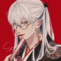 Rule 34 | 1boy, black kimono, black nails, black ribbon, brown eyes, closed mouth, commission, earrings, folded fan, folding fan, glasses, hair between eyes, hair ribbon, half updo, hand fan, highres, holding, holding fan, japanese clothes, jewelry, kagoya1219, kimono, long hair, looking at viewer, male focus, nail polish, original, portrait, print kimono, red background, ribbon, sample watermark, simple background, solo, straight hair, watermark, white hair