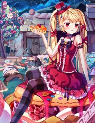 Rule 34 | 1girl, 2girls, bad id, bad pixiv id, black pantyhose, blonde hair, blush, bow, character request, copyright request, eyebrows, food, hair bow, hat, long hair, looking at viewer, multiple girls, pantyhose, parted lips, pie, red bow, red eyes, red hat, sitting, solo focus, striped clothes, striped pantyhose, top hat, twintails, yuja