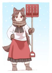 Rule 34 | 1girl, aged down, animal ears, black neckwear, black skirt, blouse, blush stickers, boots, brown eyes, brown footwear, brown gloves, brown hair, brown scarf, child, closed mouth, commentary request, full body, gem, gloves, hand on own hip, holding, imaizumi kagerou, long hair, long sleeves, pleated skirt, poronegi, red skirt, scarf, shirt, shovel, skirt, smile, snowing, solo, standing, tail, touhou, white shirt, wolf ears, wolf tail, worktool