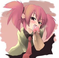 Rule 34 | 00s, 1girl, atahuta, bad id, bad pixiv id, blush, cum, cum in mouth, edomae lunar, facial, fellatio, hair ribbon, licking, looking at viewer, naughty face, necktie, open mouth, oral, penis, pink eyes, pink hair, ribbon, seto no hanayome, twintails, uncensored