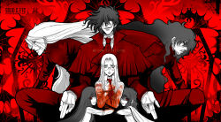 Rule 34 | 2girls, 4boys, aged down, alucard (hellsing), artist name, ascot, blood, blood on clothes, blood on face, bloody weapon, blunt bangs, capelet, expressionless, facial hair, girlycard, glasses, gloves, goatee, hellsing, highres, holding, holding knife, hug, integra hellsing, knife, limited palette, long bangs, long hair, medium hair, multiple boys, multiple girls, multiple persona, red ascot, red capelet, red theme, reverse grip, smile, toshimichi yukari, vlad tepes (hellsing), watermark, weapon, web address